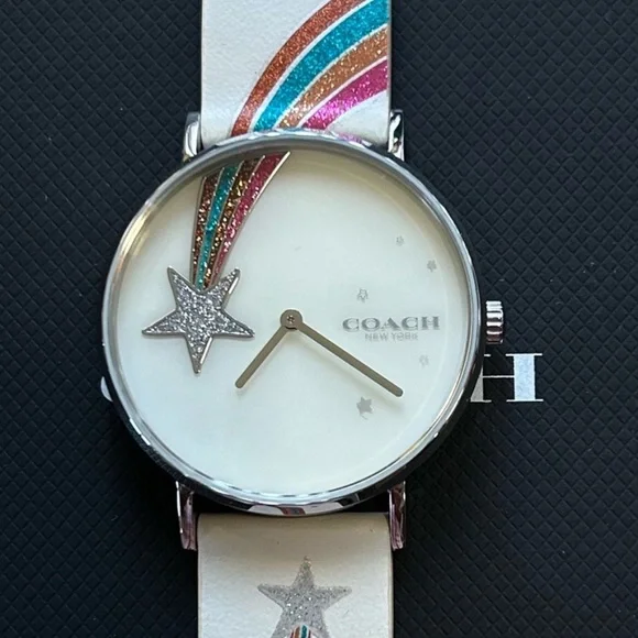 COACH PERRY WATCH WITH 36MM WHITE RAINBOW STARS FACE & WHITE LEATHER BAND - Picture 2 of 5